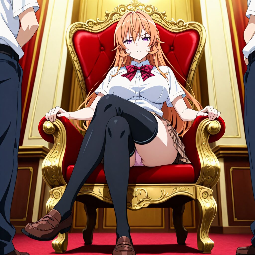 薙切えりな　制服姿で豪華なイス座る。パンツが見えている。