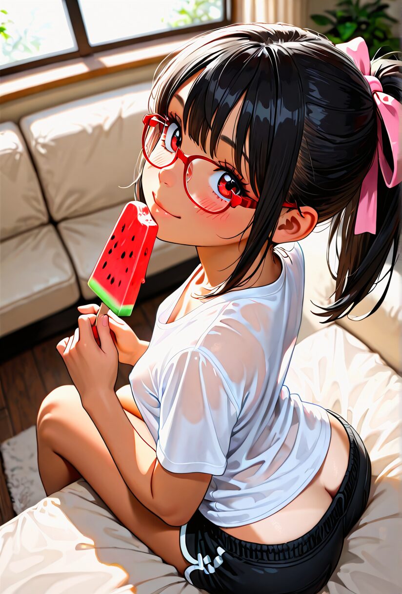 教え子の赤眼鏡女子　スイカバーを食べている