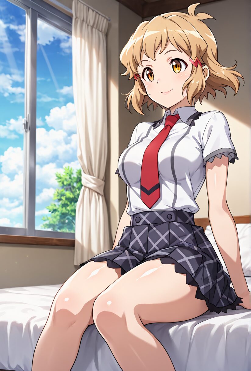 響がベッドに座っている