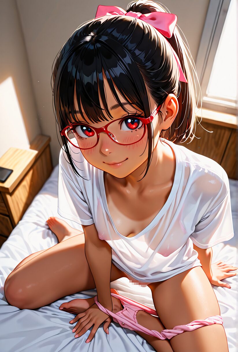 ポニーテールの教え子の女の子がベッドの上でパンツを脱いでいる