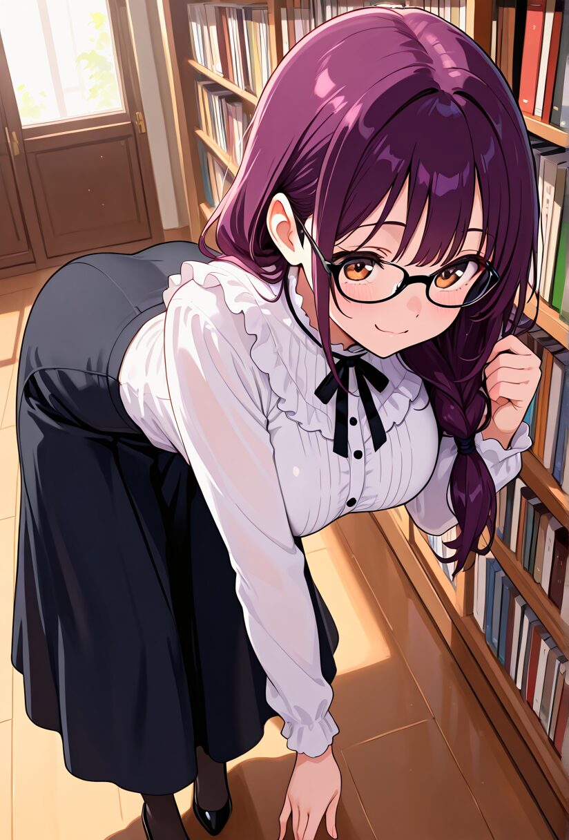 しゃがんでいる古書店のお姉さん
