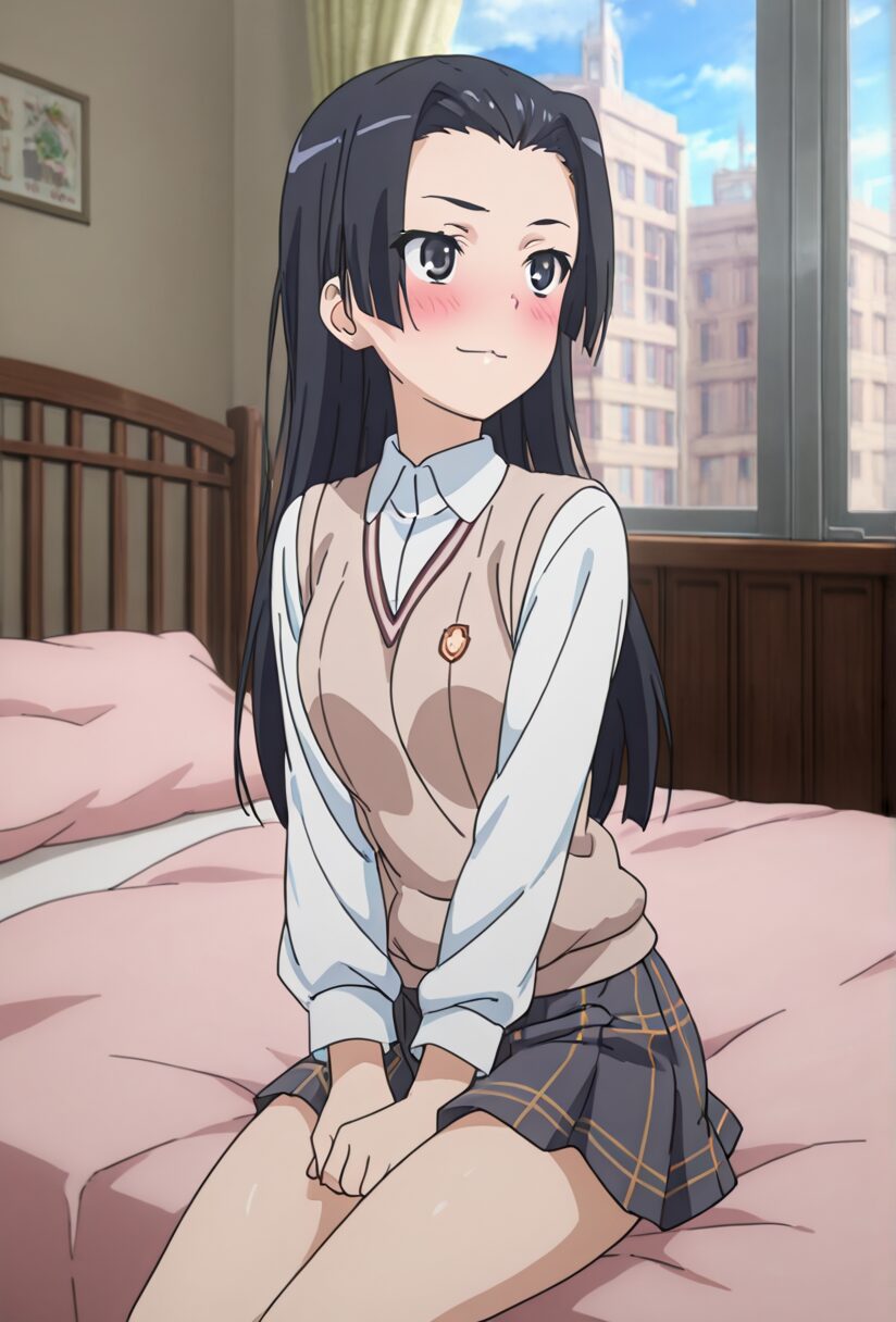 婚后光子がベッドに座って照れた顔