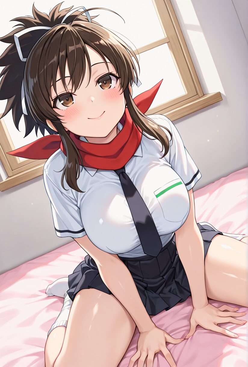 閃乱カグラ飛鳥の制服姿。ベッドに座っている。