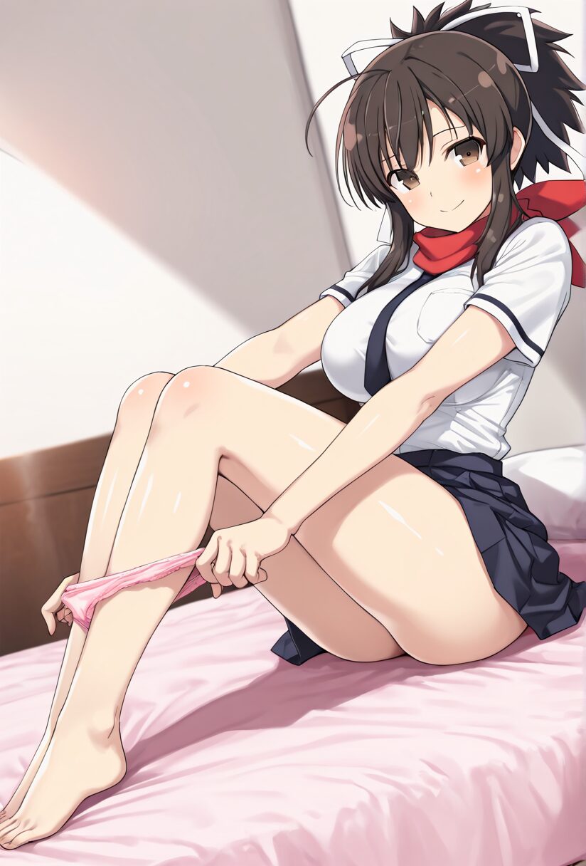 ベッドの上でパンツを脱いでいる飛鳥