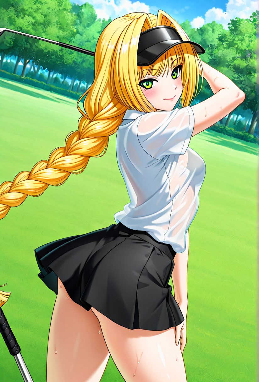 ゴルフウエアを着てゴルフをしている戦国乙女のヨシテル