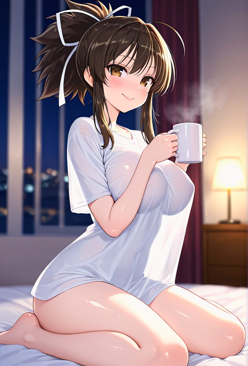 ベッドでマグカップでコーヒーを飲む飛鳥