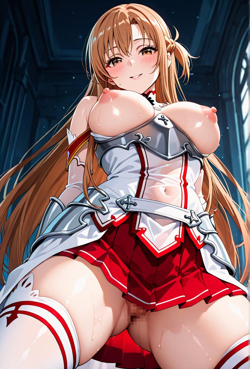 saoアスナが血盟騎士団のコスプレ。乳首があらわになっている