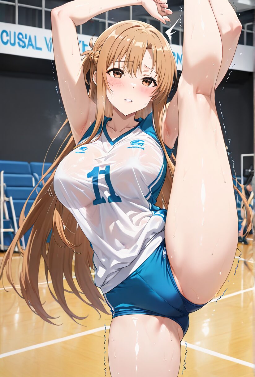 saoアスナのバレーボールユニフォームコスセックス。Y字バランスのストレッチ中。