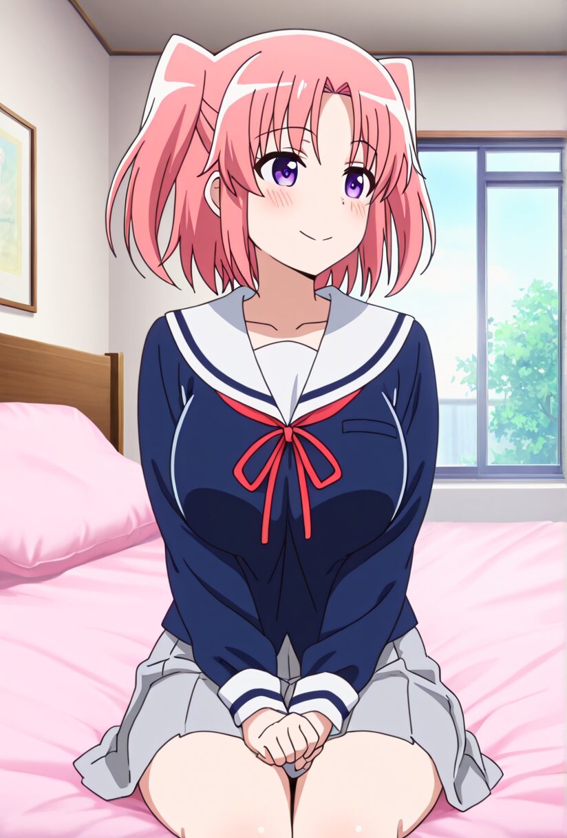 未確認で進行形の夜ノ森小紅がベッドに座っている