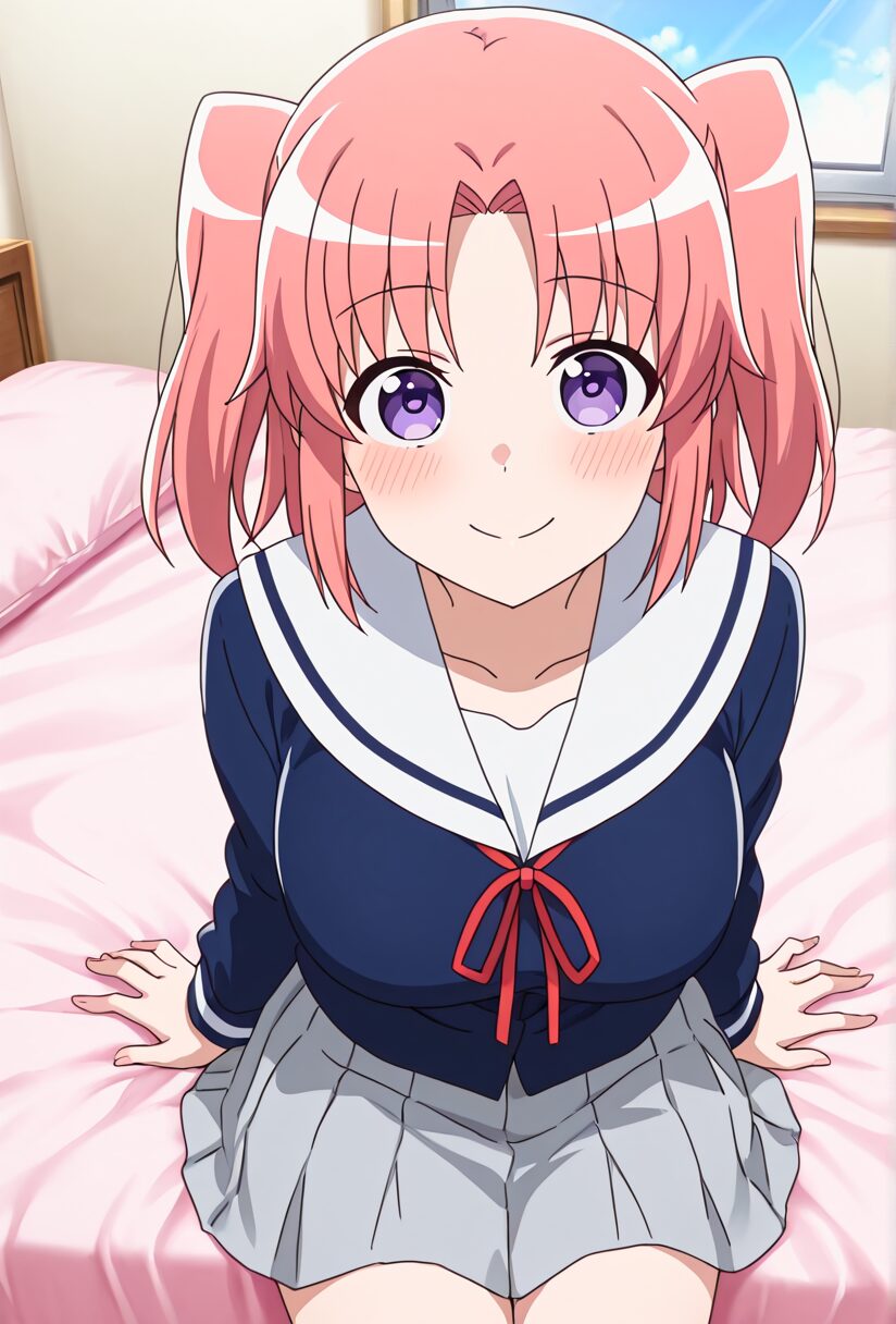 未確認で進行形の夜ノ森小紅がベッドに座って微笑んでいる