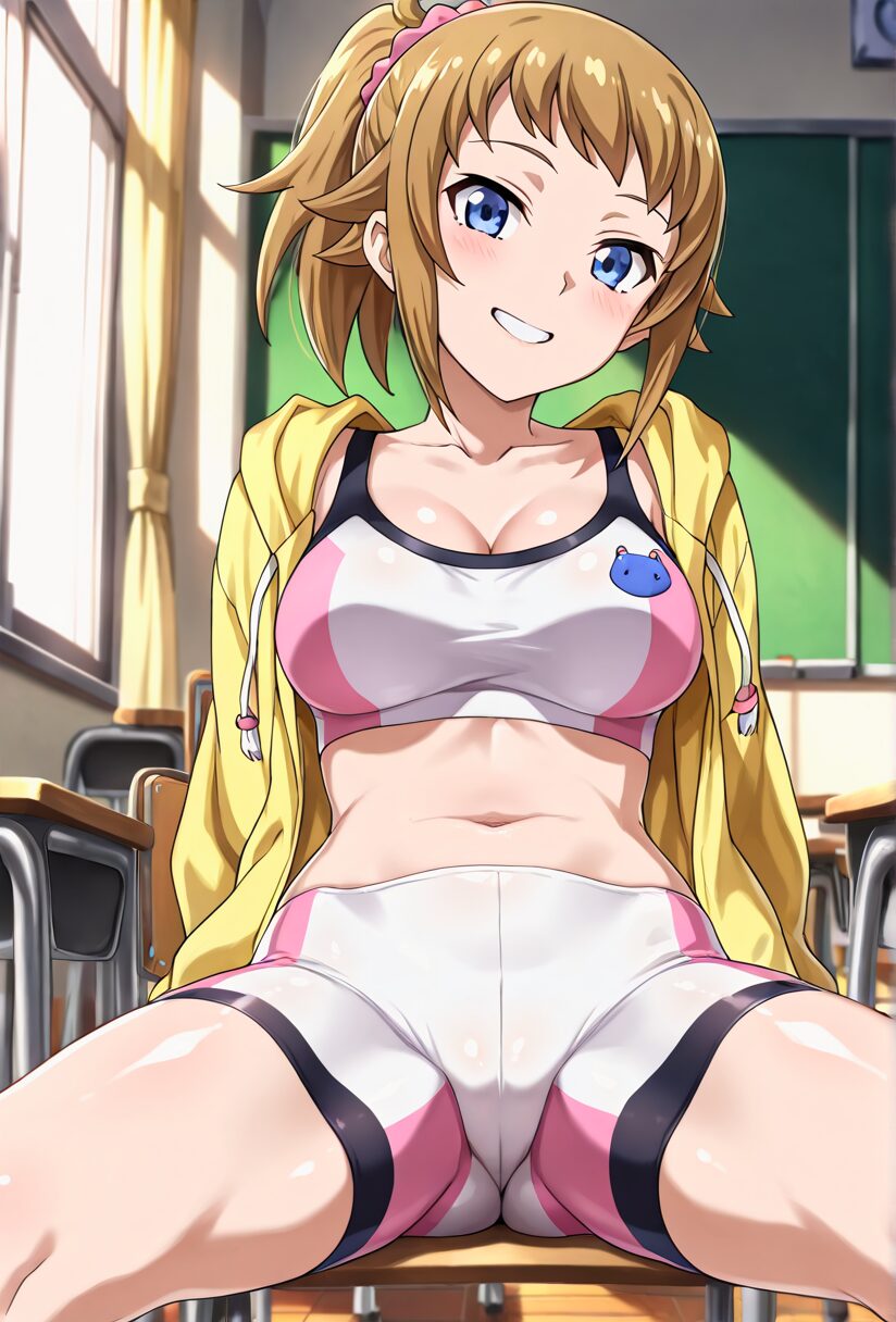 ガンダムビルドファイターズ3のフミナのスパッツ姿で足を開いている