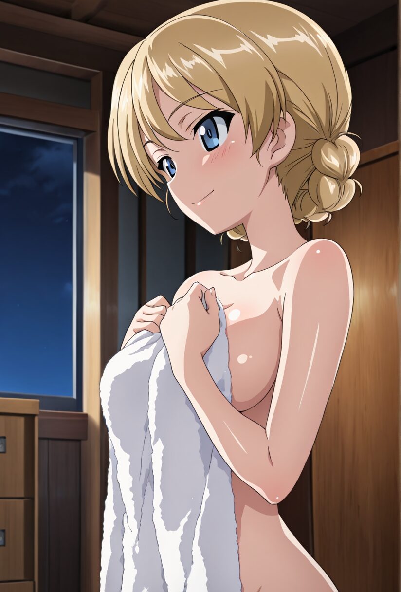 ガールズアンドパンツァーのダージリンがタオルで胸を隠している