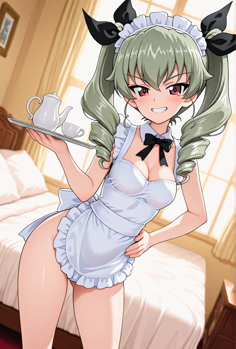 ガルパンのアンチョビのエロ画像。メイドコスプレ