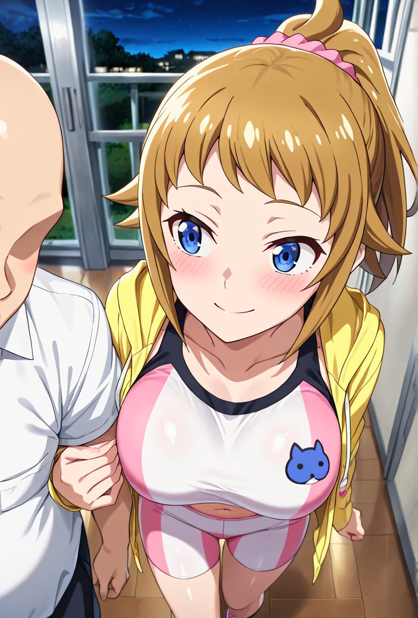 ガンダムビルドファイターズ3のフミナが笑顔で男性と腕を組んで歩いている