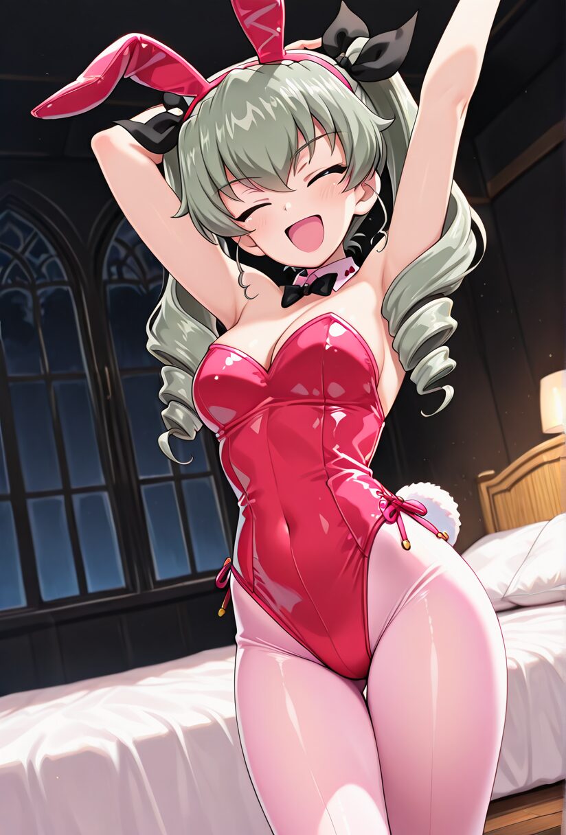 ガルパンのアンチョビのバニーガールコスプレエロ画像。ベッドの前でリラックス