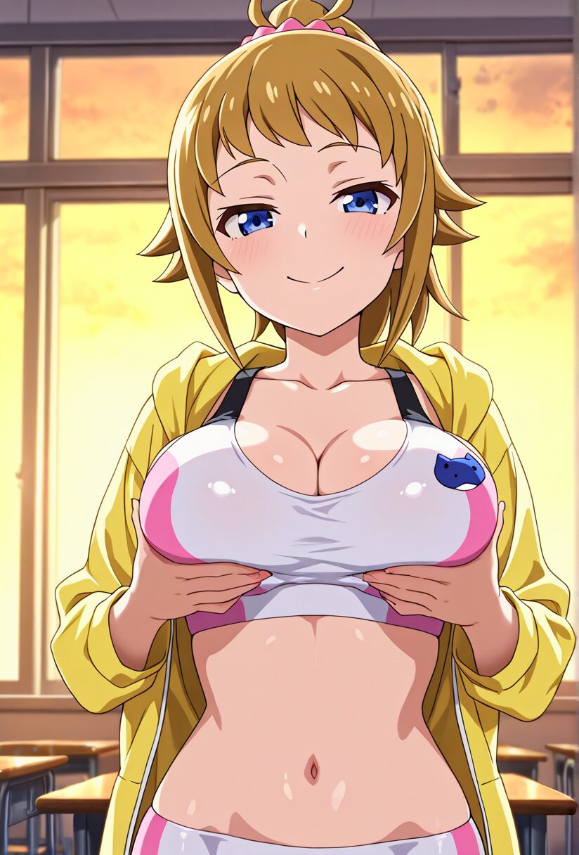 ガンダムビルドファイターズ3のフミナが自ら胸を持ち上げている