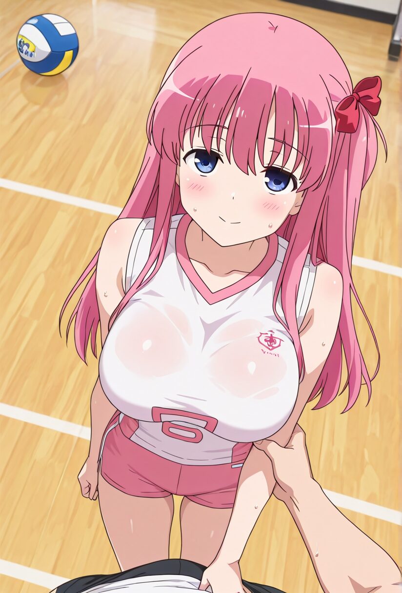咲ののどかのバレーボールユニフォームで汗をかいている