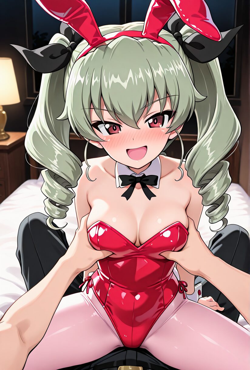 ガルパンのアンチョビのバニーガールコスプレエロ画像。胸をもまれる