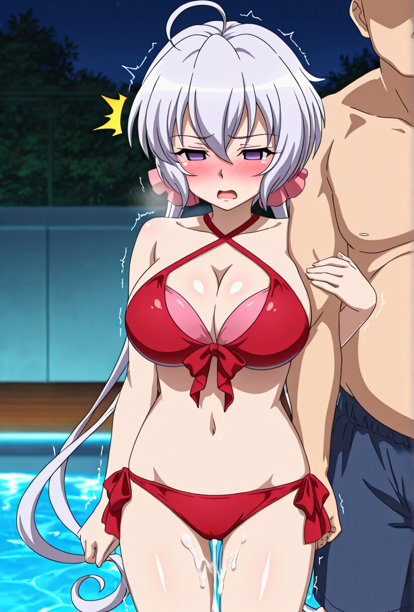 シンフォギアの雪音クリスのナイトプールエロ画像。クリスがナイトプールで男性と腕を組んで歩いている。股間からは中出しされた精液が垂れている