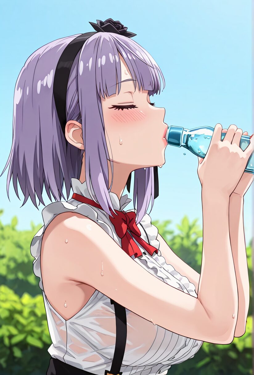 だがしかしのほたるがラムネを飲んでいる