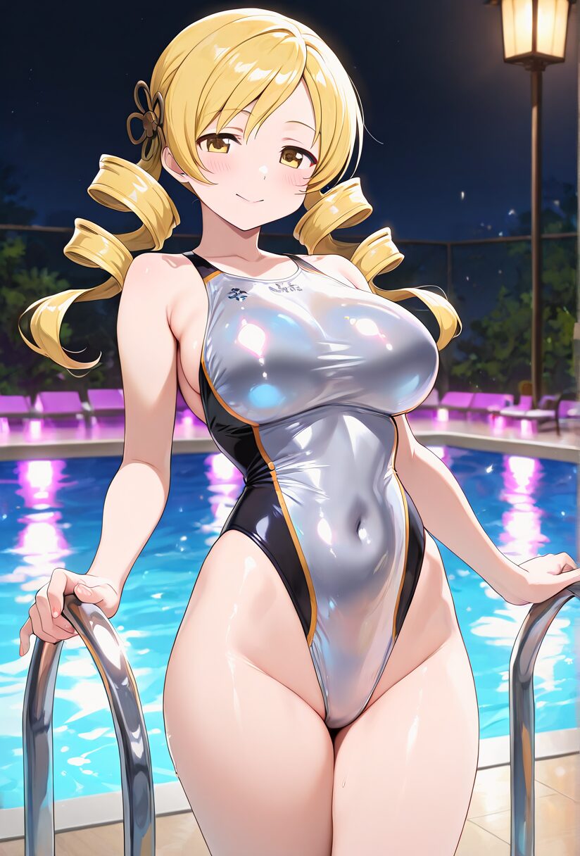 まどマギのマミがナイトプールで水着姿