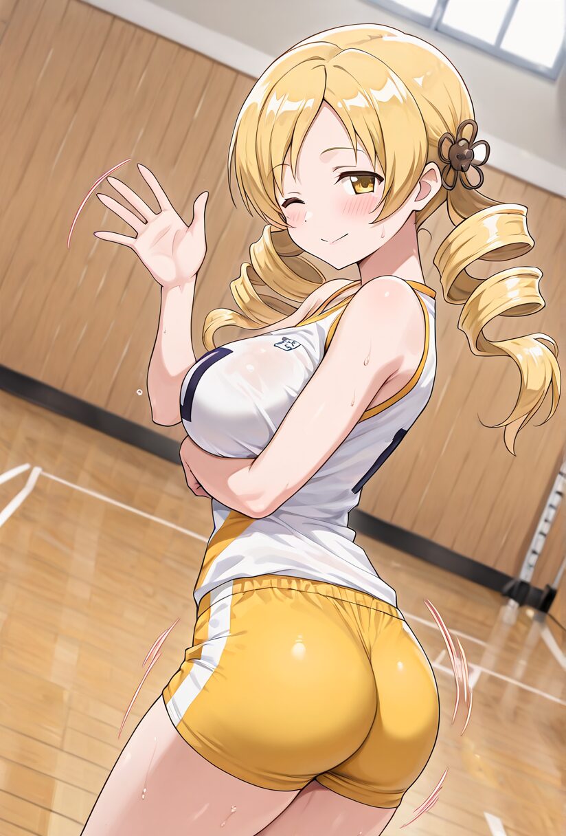 まどマギのマミのバレーボールユニフォーム姿で手を振っている