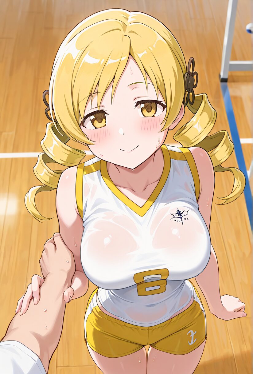 まどマギのマミのバレーボールユニフォームで汗をかいている