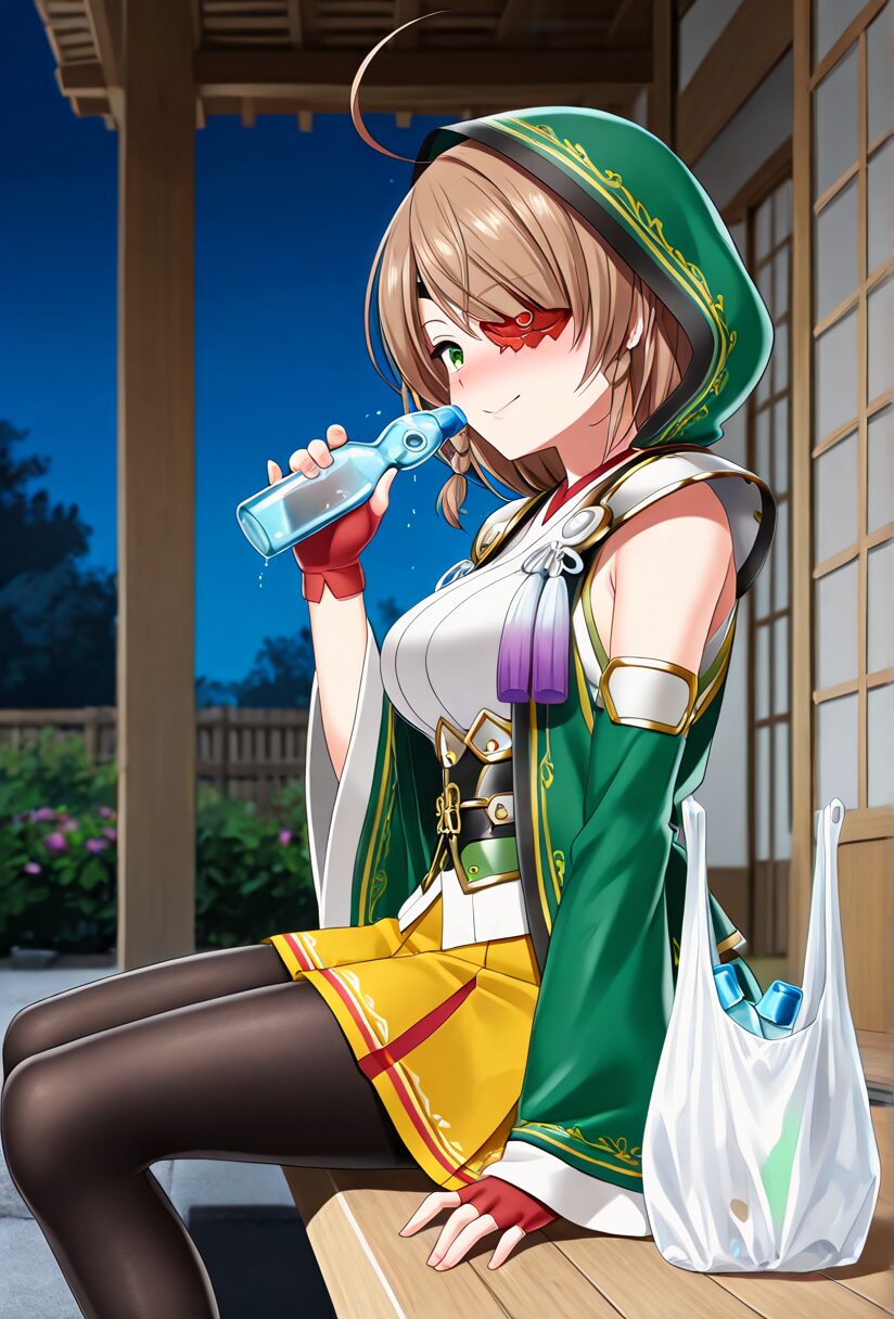 戦国乙女の山本カンスケがラムネを飲んでいる
