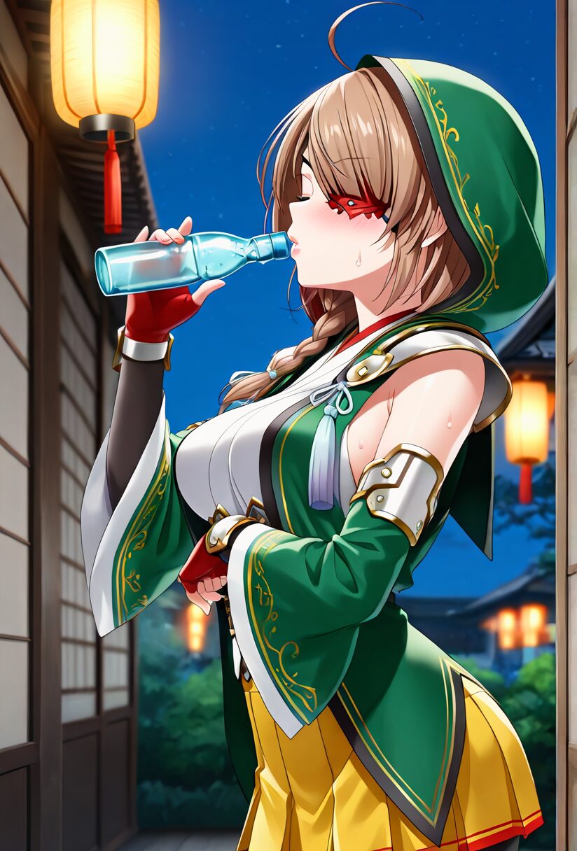 戦国乙女の山本カンスケがラムネを飲んでいる